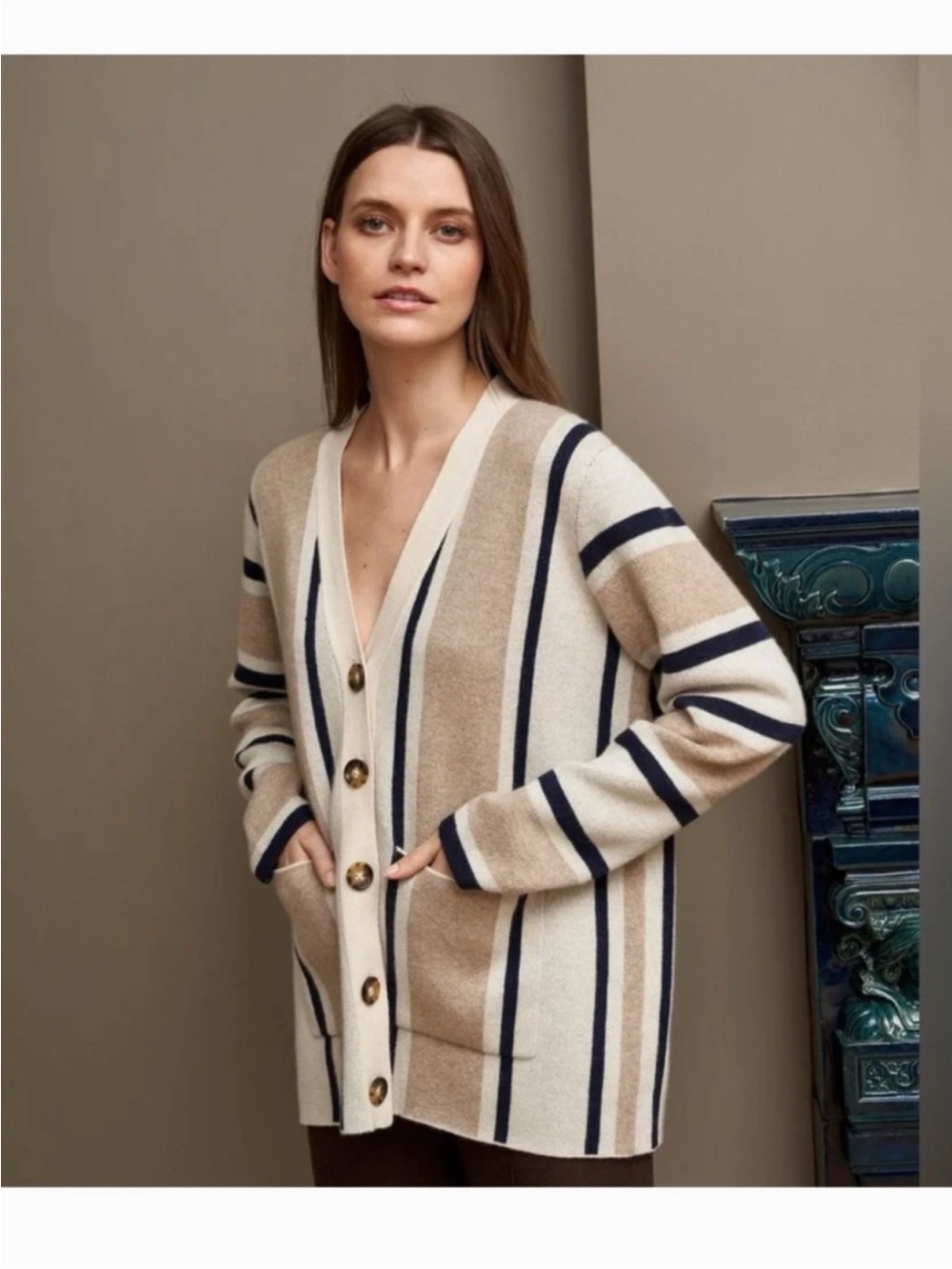La Ligne 100% Cashmere Striped V-Neck Button Cardigan